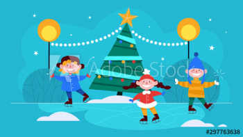 Children skating outside at the christmas tree Children skating outside at the christmas tree