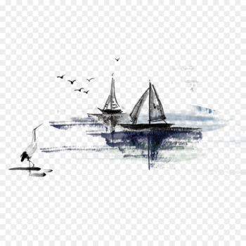 China Ink wash painting Ink brush Illustration - Ink flower boats 