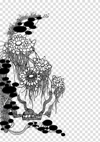 China Irises Chinoiserie Painting Black and white, Chinese style black and white chrysanthemum Figure transparent background PNG clipart