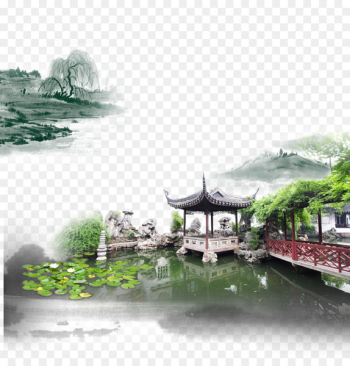 China Jiangnan Poster Ink wash painting - China Wind creative background green water Mansion 