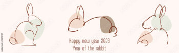 Chinese New Year 2023, year of the rabbit, red and gold line art characters, simple hand drawn Asian elements with craft (Chinese translation: Happy Chinese New Year 2023, year of the rabbit).