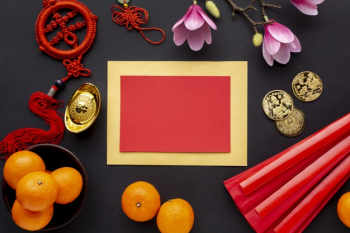 Chinese new year card mock-up with tangerines and magnolia Free Photo