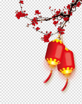 Chinese New Year New Year's Day Christmas, Plum red lanterns background pattern, red and yellow Chinese lantern transparent background PNG clipart