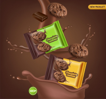 Chocolate cookies realistic mock up. delicious dessert falling cookies with chocolate splash. 3d detailed product package. label design posters Free Vector