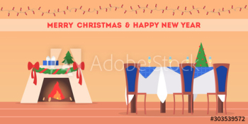 Christmas cozy dining room interior with holiday table Christmas cozy dining room interior with holiday table