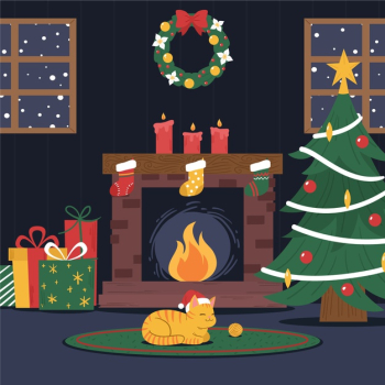 Christmas fireplace scene with cute cat wearing santa's hat Free Vector Christmas fireplace scene with cute cat wearing santa's hat Free Vector