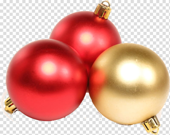 Christmas, gold and two red Christmas baubles transparent background PNG clipart