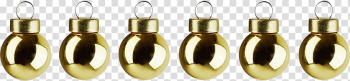 Christmas, six gold Christmas baubles transparent background PNG clipart