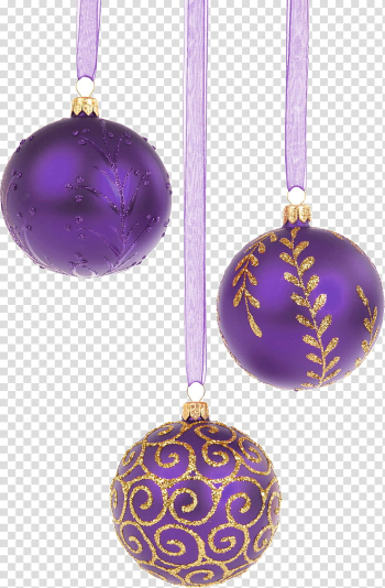 Christmas, three purple and gold baubles screengrab transparent background PNG clipart