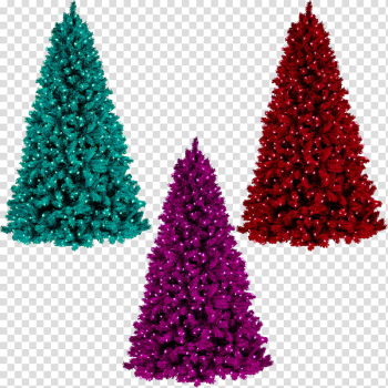 Christmas trees, three green, purple, and red Christmas trees transparent background PNG clipart