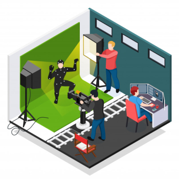 Cinema motion capture isometric composition with actor videographer illuminator and graphic designer during work Free Vector