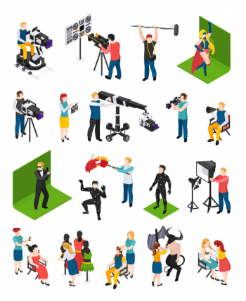 Cinematography isometric people videographers with camcorders actors director illuminator dresser and decorator isolated Free Vector