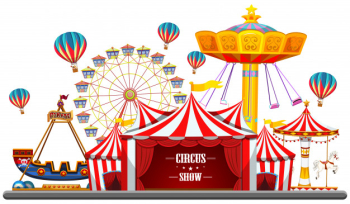 Circus event with tents, ferris wheel, rides games, ticket booth pirate ship isolated Free Vector