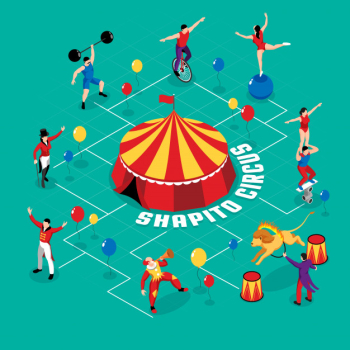Circus professions acrobats clown magician strong man and animal trainer isometric flowchart on turquoise Free Vector