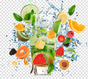 Citrus fruits slices and water, Cocktail Juice Fruit, Splash of fruit transparent background PNG clipart