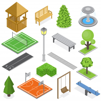 City park infrastructure isometric set of elements of greenery kid playground and sport courts isolated Free Vector