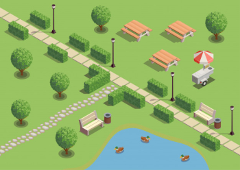City park recreation area isometric compositions with path pond ducks outdoor furniture lanterns snack vendors Free Vector