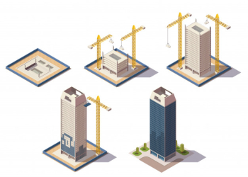 City skyscrapers isometric composition with isolated images of construction site representing different stages of construction process vector illustration Free Vector