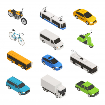 City transport isometric icon set with different isolated taxi bus bike motorcycle trolley bus pickup vector illustration Free Vector