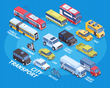 City transport isometric with car truck bicycle taxi bus motorbike Free Vector