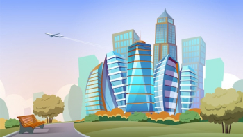 Cityscape cartoon background. Panorama of modern city with high skyscrapers and park, downtown