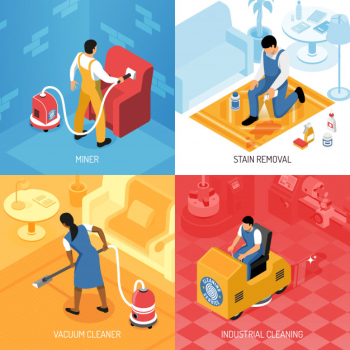 Cleaning service concept isometric set with industrial residential flooring polishing carpets refreshing stains removing isolated vector illustration Free Vector
