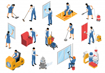 Cleaning service isometric icons set with professional industrial vacuuming furniture carpets refreshing stain removing isolated vector illustration Free Vector