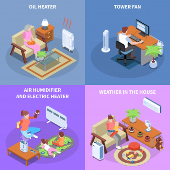 Climate control 2x2 design concept with home equipment used for establishing comfortable weather in house isometric Free Vector