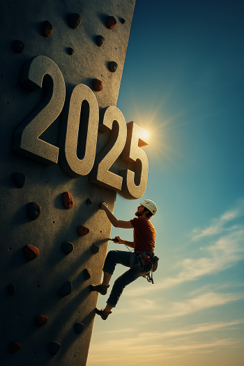 Climber Scaling a Rock Wall with the Year 2025 Climber Scaling a Rock Wall with the Year 2025