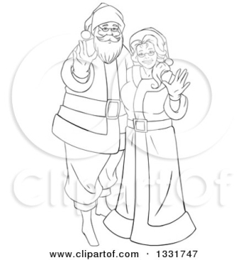 Clipart of a Black and White Christmas Santa and Mrs Claus Waving ...