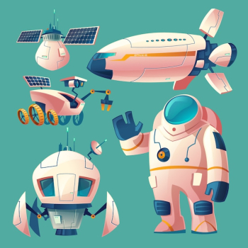 Clipart with objects for space exploration, astronaut in spacesuit, rover, shuttle