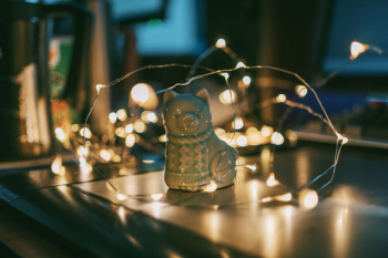 Close-up Photo of Gray Ceramic Cat Figurine Near String Lights