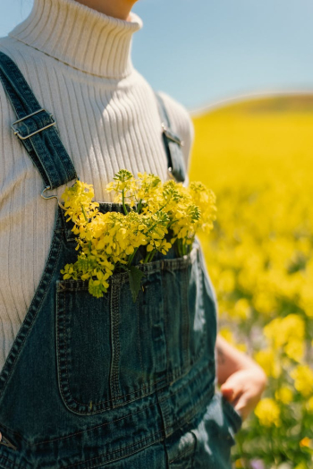 Close up View of a Person in Denim Dungarees Posing in a Field of Yellow Flowers