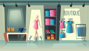 clothing shop interior - wardrobe with woman clothes, cartoon mannequin and stuff on hangers