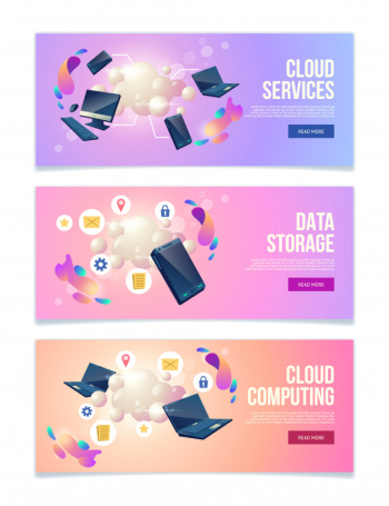 Cloud computing and data storage online services, hosting company web banners, landing pages set Free Vector
