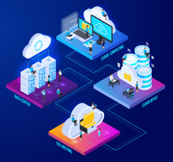 Cloud services isometric 2x2 flowchart composition with pictogram icons and images of computers with little people vector illustration Free Vector