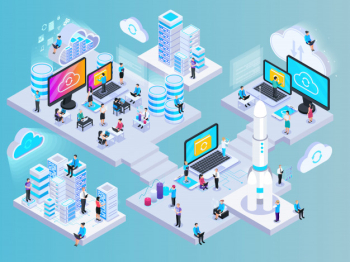 Cloud services isometric composition with conceptual images of network elements storage capsules and small human characters vector illustration Free Vector