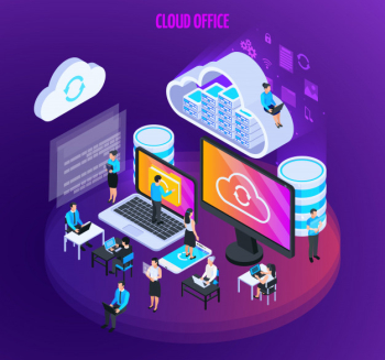 Cloud services isometric composition with small figures of people with computer screens Free Vector