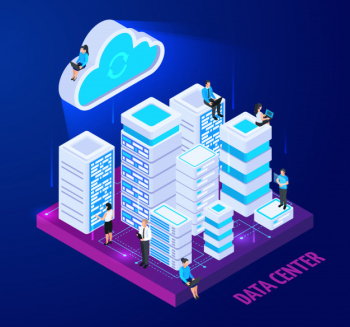 Cloud services isometric conceptual composition with images of server racks and little people characters with text vector illustration Free Vector