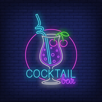 Cocktail bar neon text, drink with straw and cherries Cocktail bar neon text, drink with straw and cherries