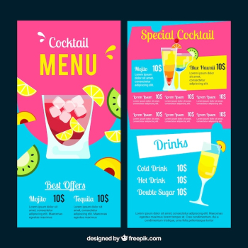 Cocktails menu template in flat style Cocktails menu template in flat style