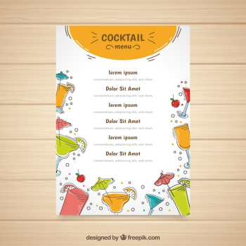 Cocktails menu template with different liquors