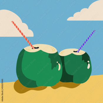 coconut water orange purple straw blue sky background coconut water orange purple straw blue sky background