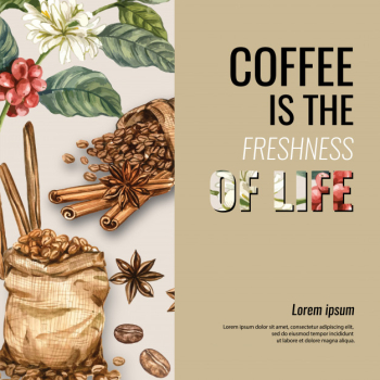 Coffee arabica beans bag with coffee cup americano, cinnamon coffee maker watercolor illustration Free Vector
