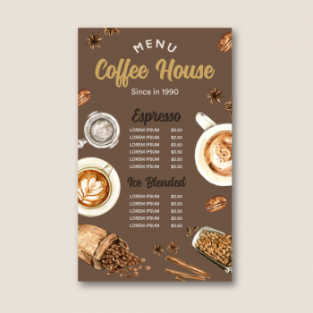 Coffee cafe menu americano, cappuccino, espresso menu with bag bean, watercolor illustration Free Vector