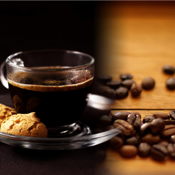 Coffee collage. Glass of Espresso and coffee beans. Glass of coffee and tasty cookies. Symbolic image. Coffee background. Brown  background. Close up. 