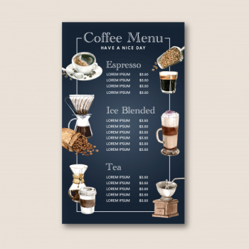Coffee house menu americano, cappuccino, espresso menu, infographic, watercolor illustration Free Vector