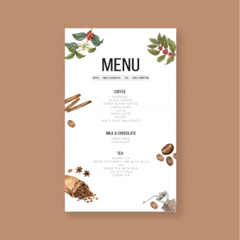 Coffee house menu americano, cappuccino, espresso menu, infographic, watercolor illustration Free Vector
