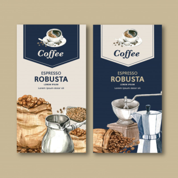 Coffee packaging bag with bean, coffee cup maker machine, watercolor illustration Free Vector