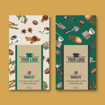 Coffee packaging bag with branch leaves bean, vintage, watercolor illustration Free Vector
